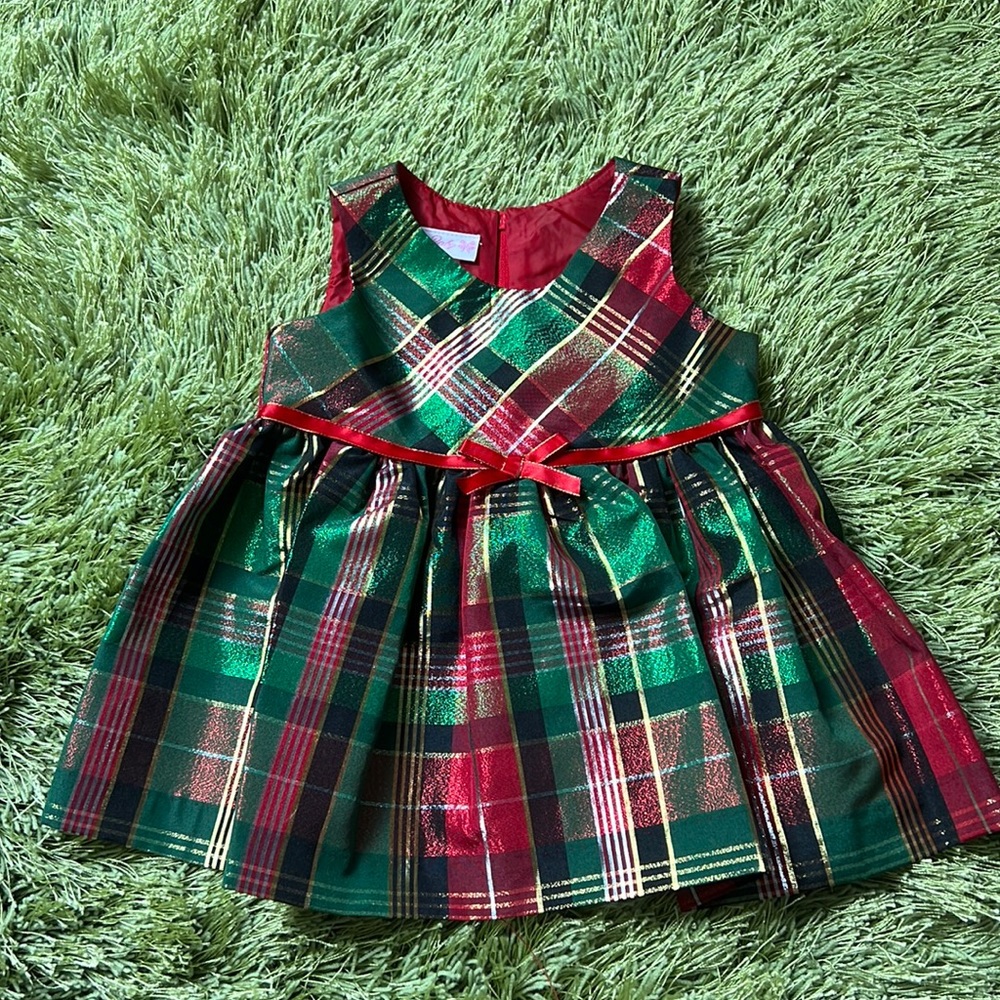 Bonnie Baby Girl Plaid Christmas Holiday Dress Gold Green Sparkle Bow Zip Up